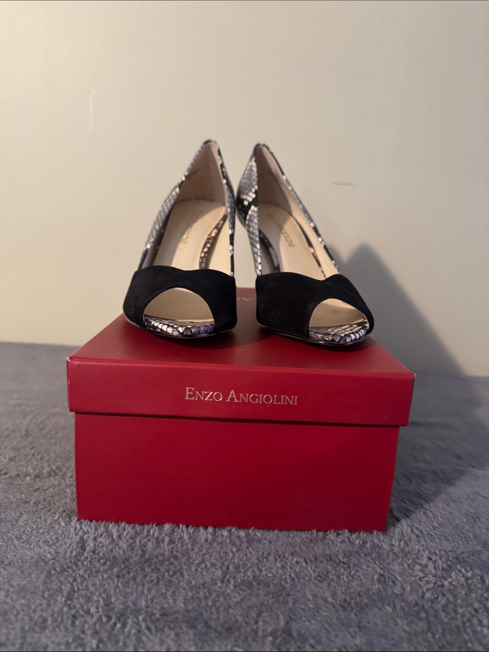 Enzo Angiolini Black Peep-Toe Pumps with Snake-Print Accent